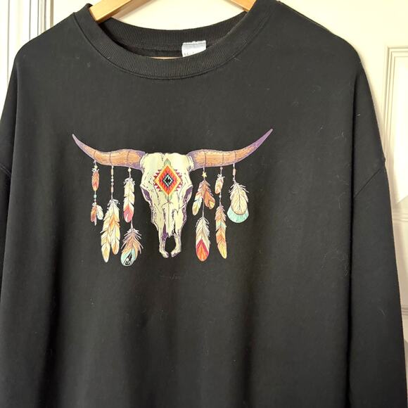 Western Graphic Black Crew Sweatshirt Women's XL Steerhead Feather Design - Picture 2 of 5